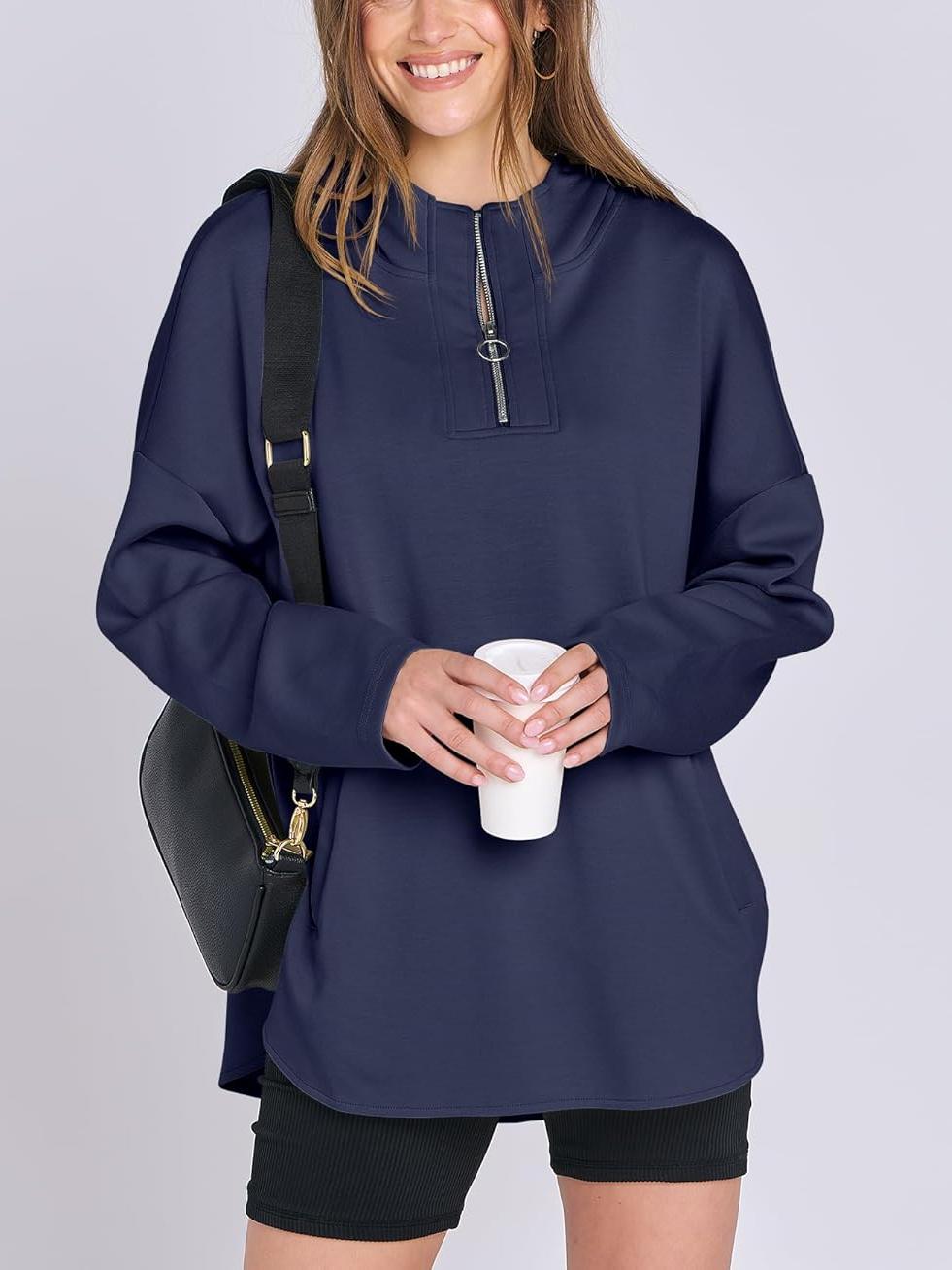 Women's Oversized Quarter Zip Tunic Hoodie - Loopstar