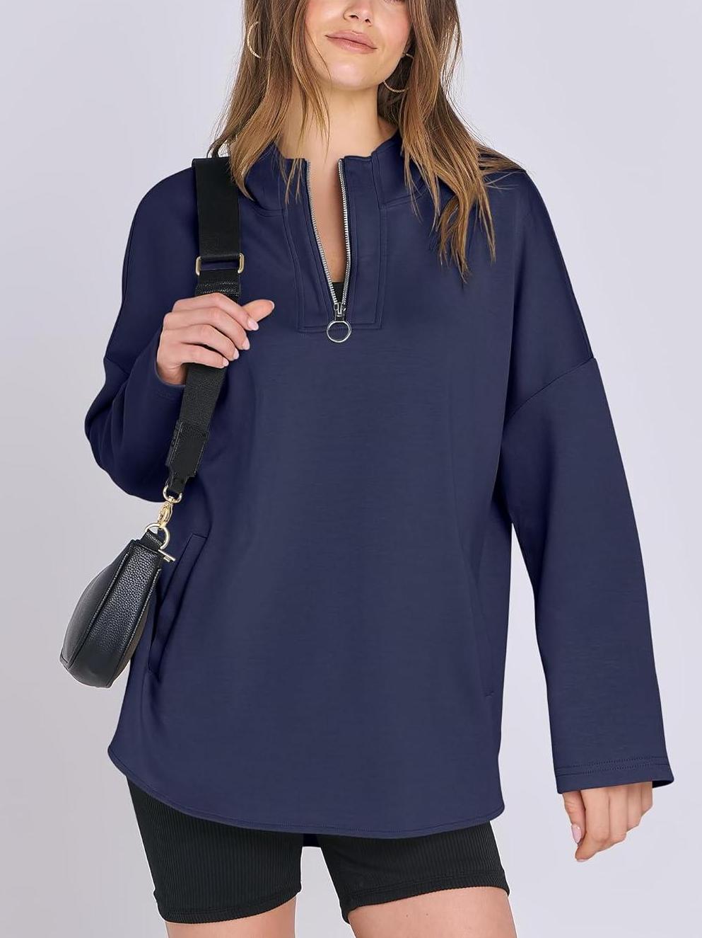 Women's Oversized Quarter Zip Tunic Hoodie - Loopstar