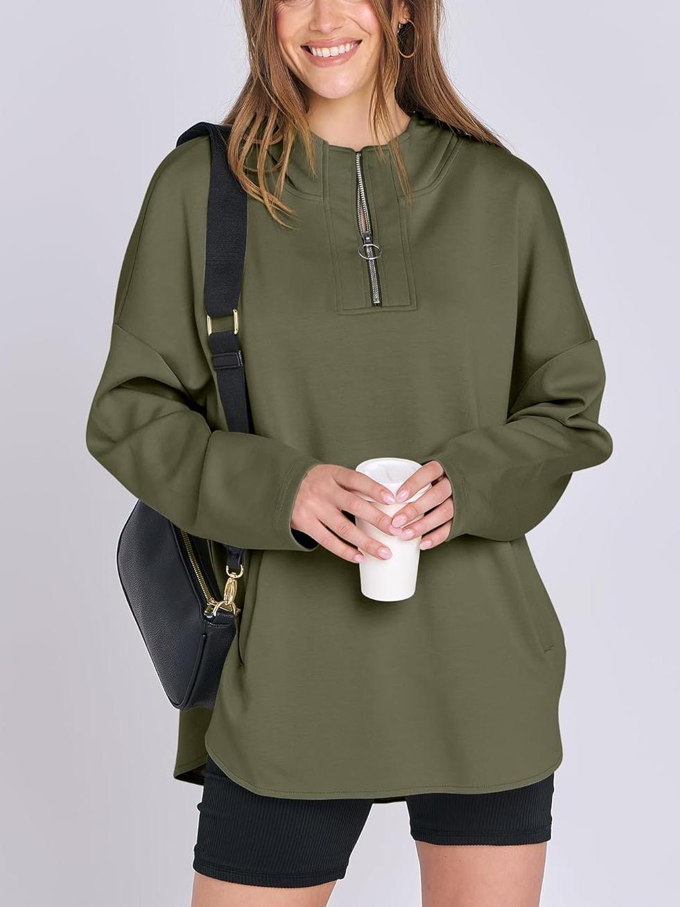 Women's Oversized Quarter Zip Tunic Hoodie - Loopstar