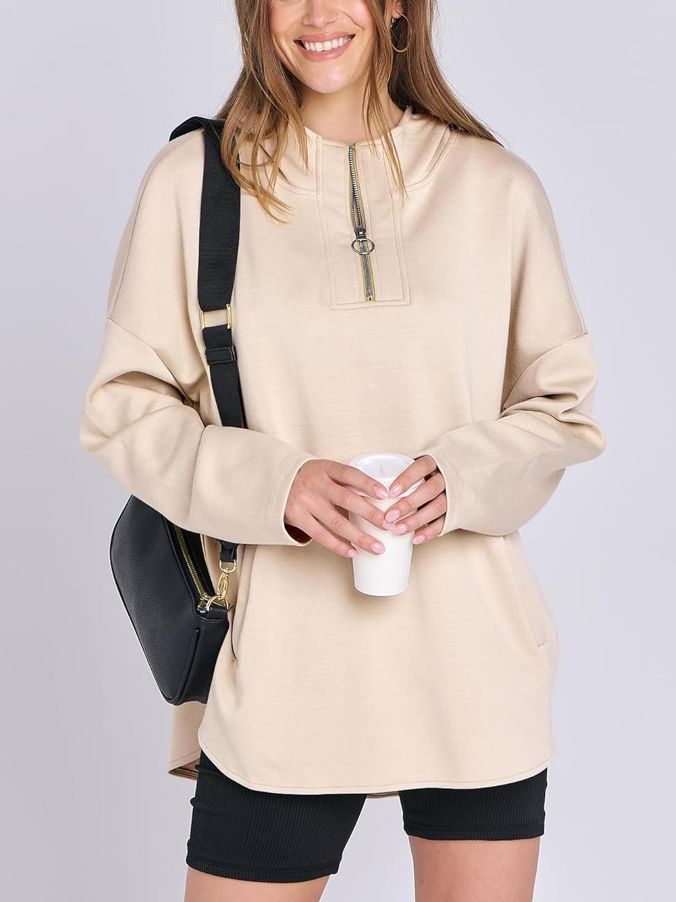 Women's Oversized Quarter Zip Tunic Hoodie - Loopstar