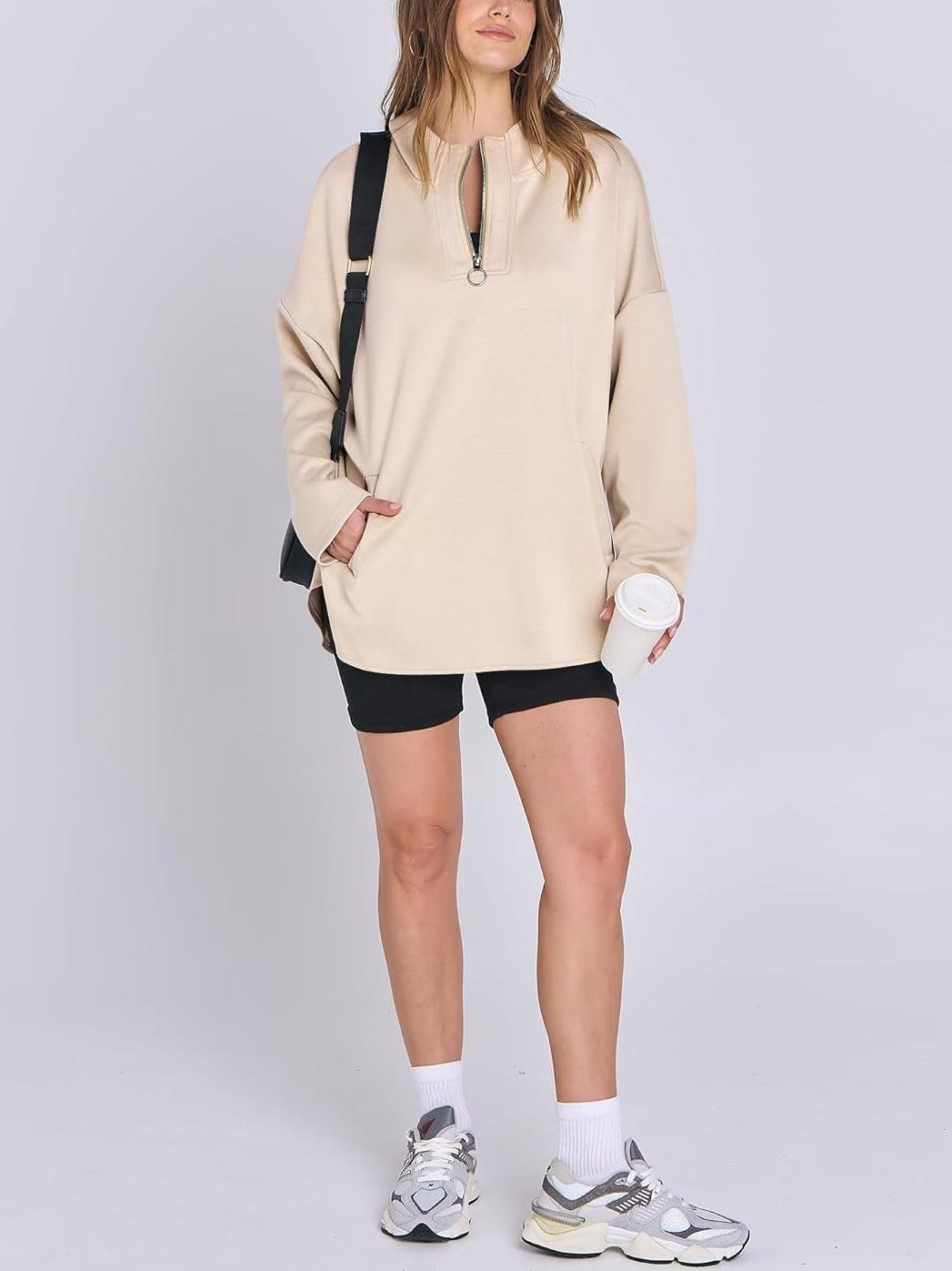 Women's Oversized Quarter Zip Tunic Hoodie - Loopstar