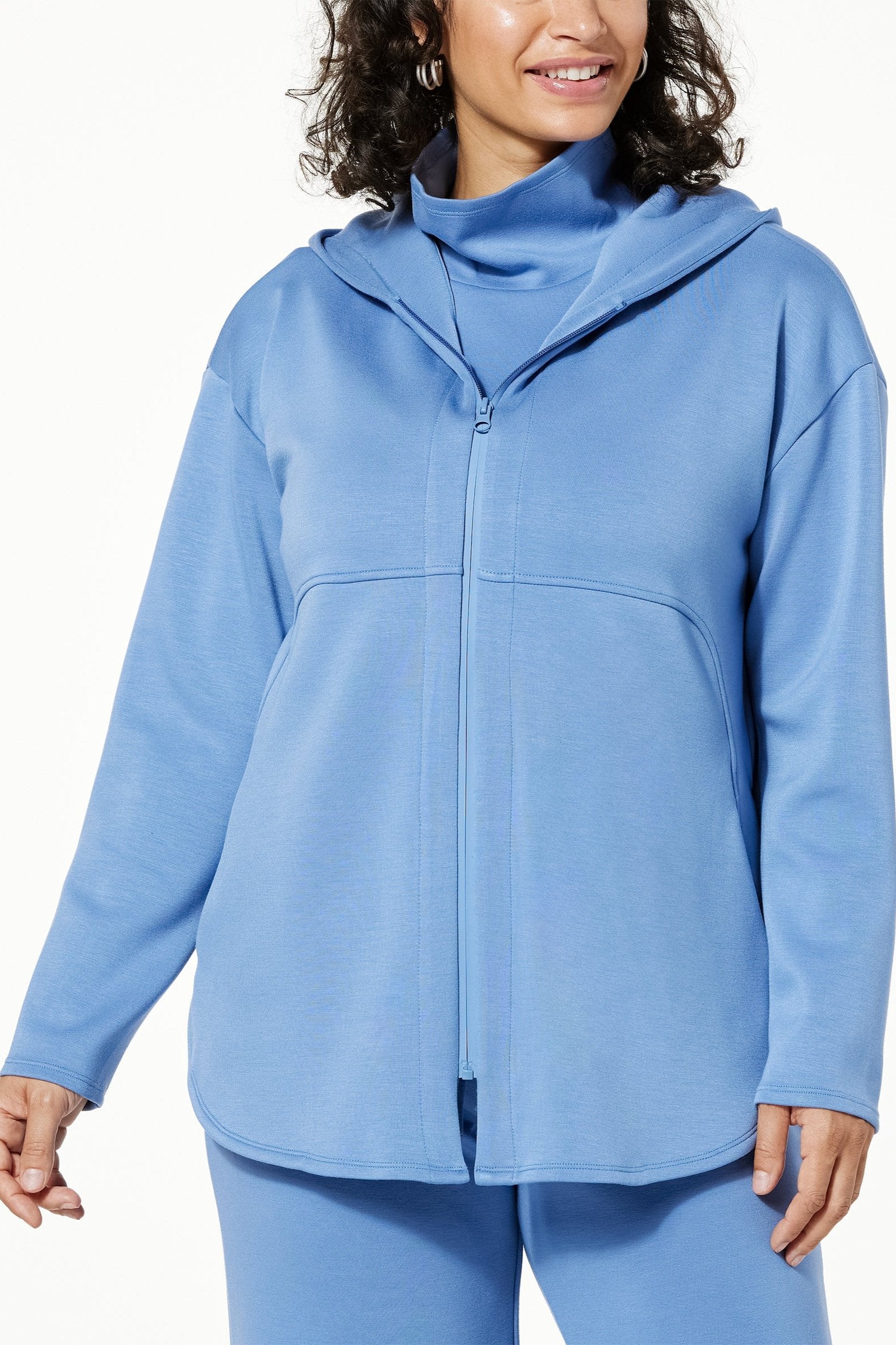 WynneLayers Lightweight Smoothing Scuba Knit Hooded Side Zip Jacket