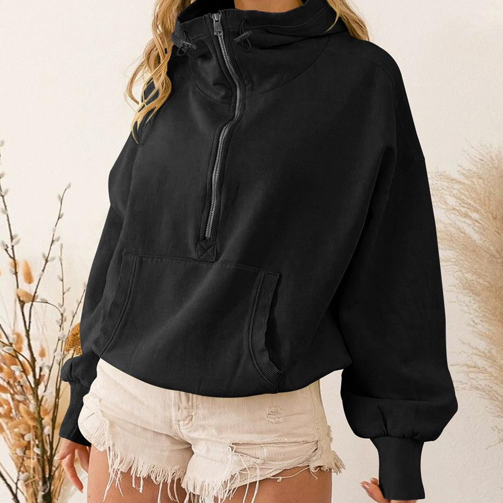 Long Sleeve Half Zip Cropped Pullover Hoodie - Loopstar