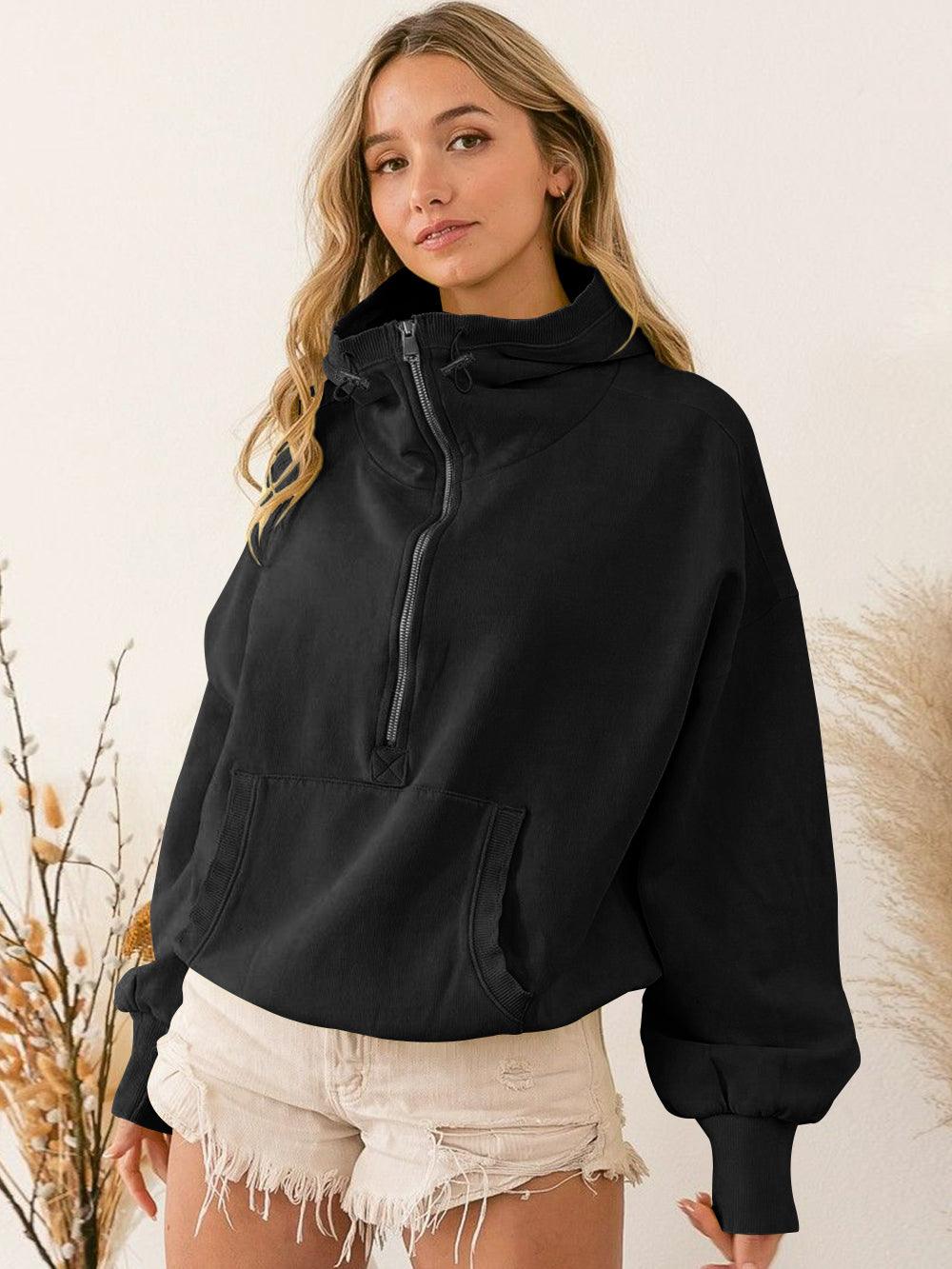 Long Sleeve Half Zip Cropped Pullover Hoodie - Loopstar