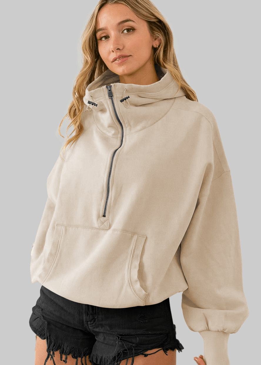 Long Sleeve Half Zip Cropped Pullover Hoodie - Loopstar