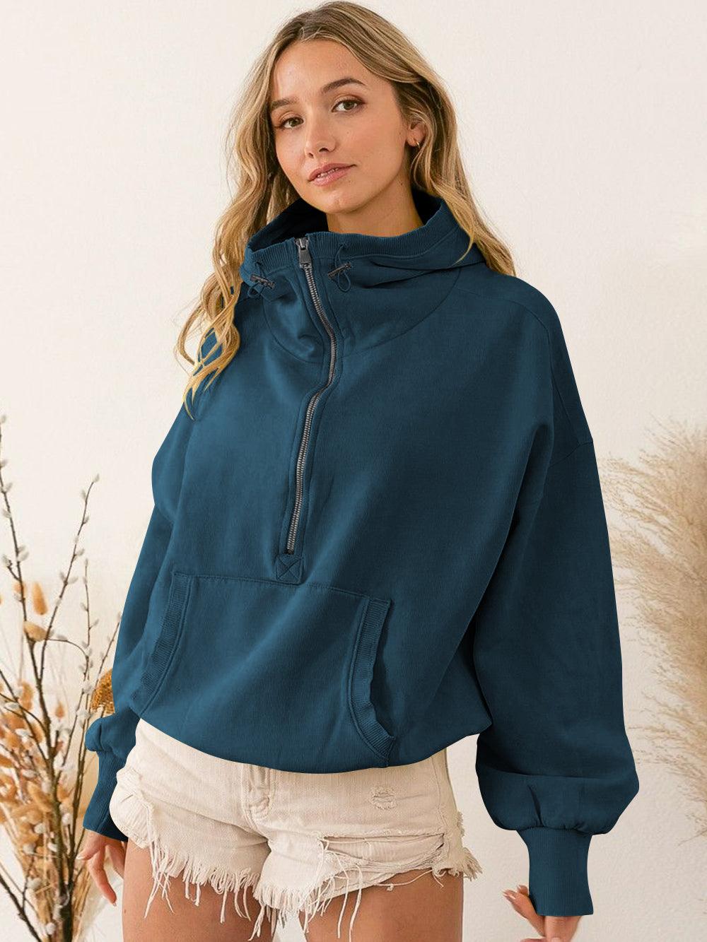 Long Sleeve Half Zip Cropped Pullover Hoodie - Loopstar