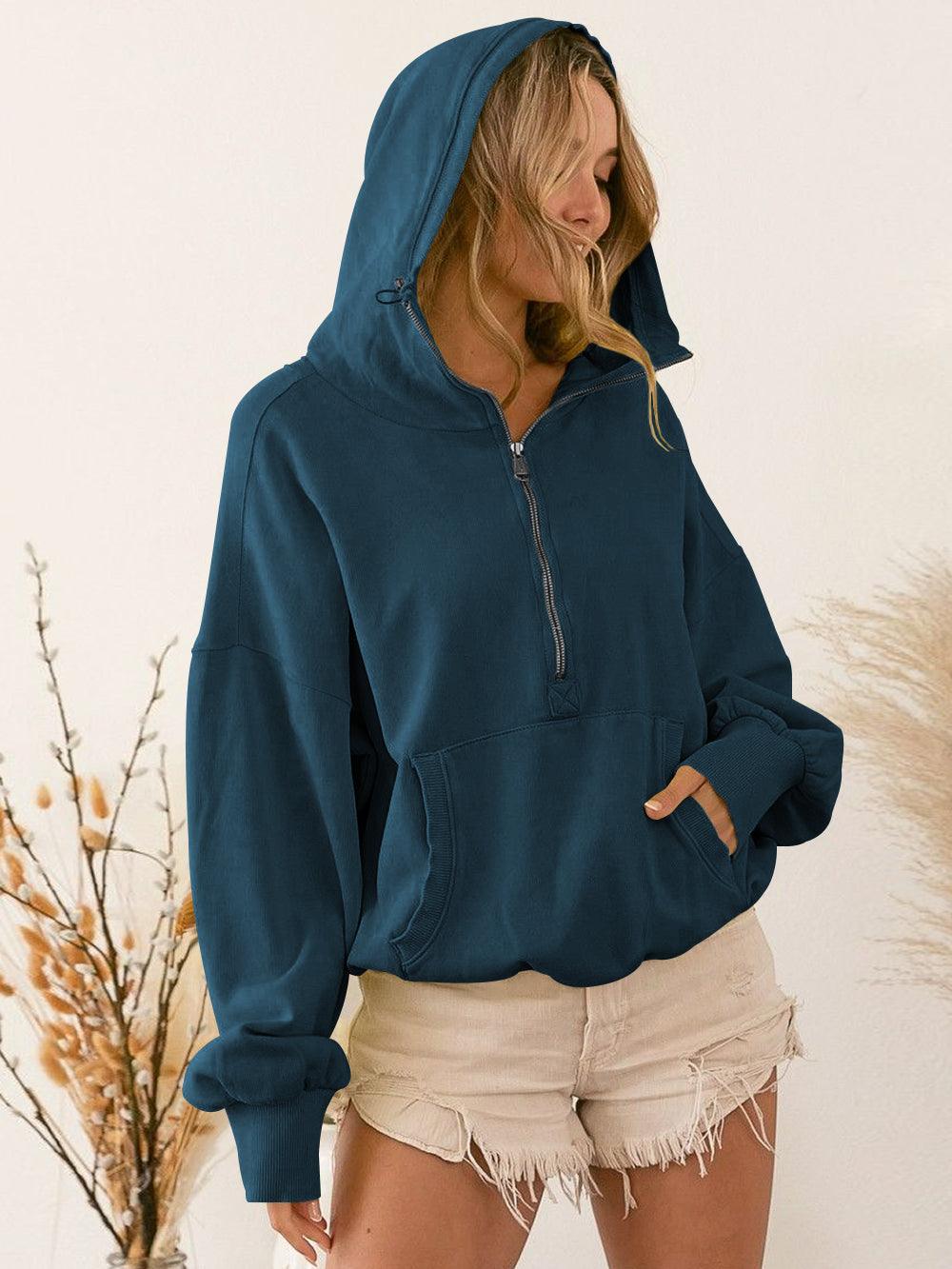 Long Sleeve Half Zip Cropped Pullover Hoodie - Loopstar