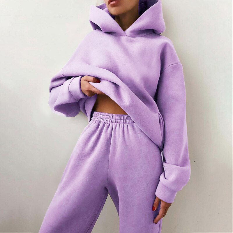 Women Solid Hoodies and Pant Casual Two-piece Set - Loopstar