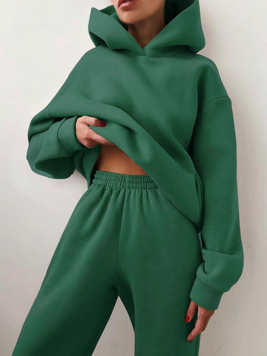 Women Solid Hoodies and Pant Casual Two-piece Set - Loopstar