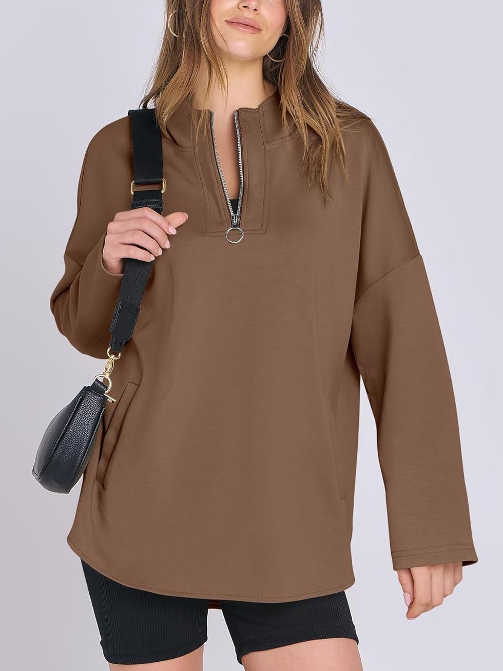 Women's Oversized Quarter Zip Tunic Hoodie - Loopstar