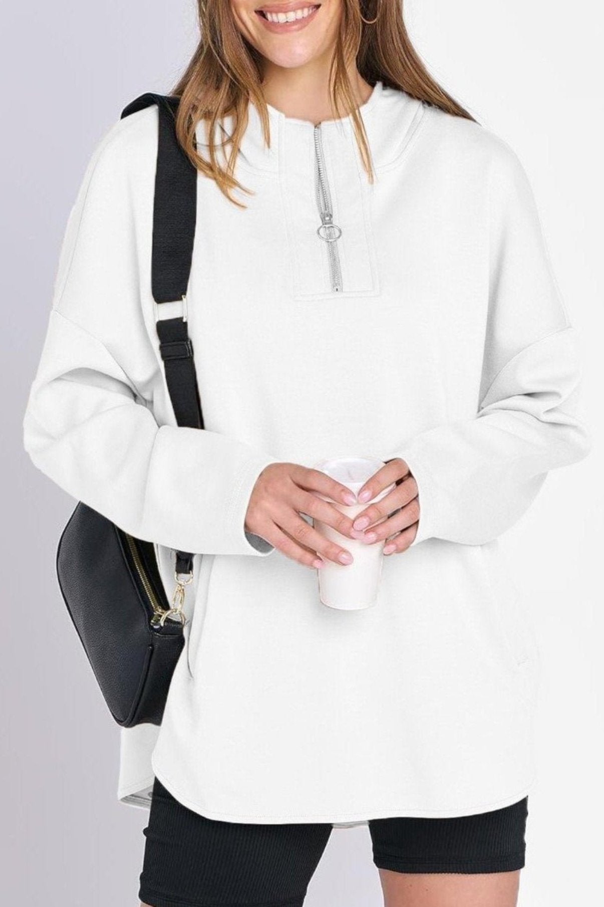 Women's Oversized Quarter Zip Tunic Hoodie - Loopstar