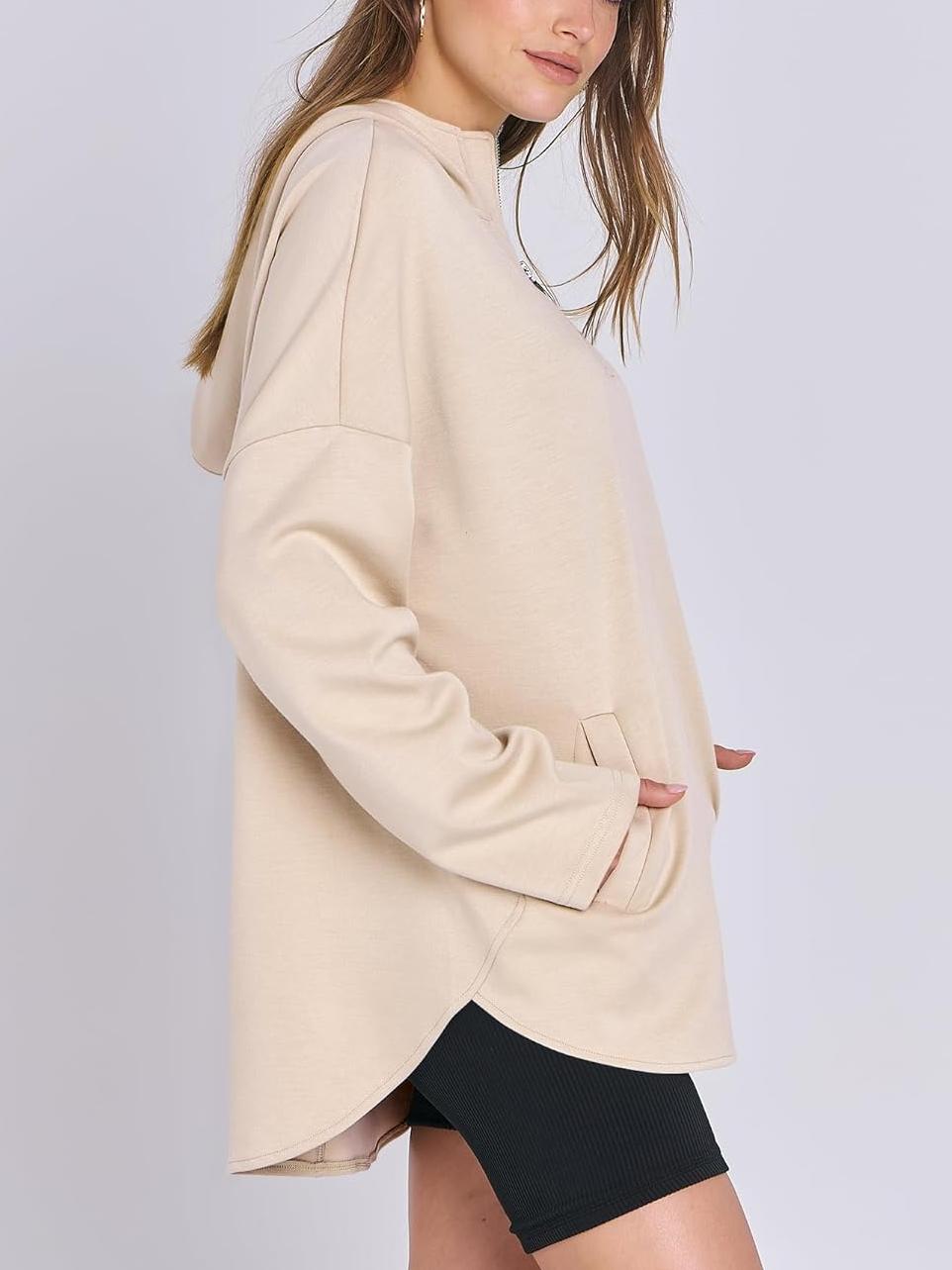 Women's Oversized Quarter Zip Tunic Hoodie - Loopstar